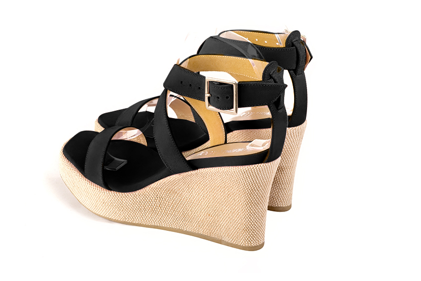 Matt black women's fully open sandals, with crossed straps.. Rear view - Florence KOOIJMAN